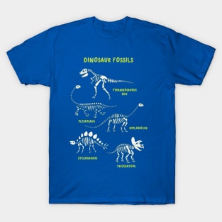 Dinosaur Fossils - placement - Lime on blue T-Shirt